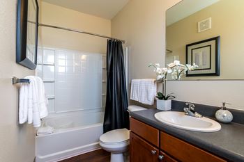 A bathroom with a white toilet, a white sink, a black shower curtain, and a mirror.