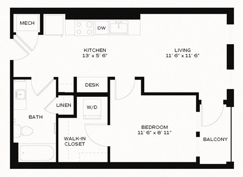 Floor plan for 1 bed, 1 bath, 561 sqft