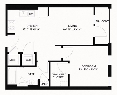 Floor plan for 1 bed, 1 bath, 646 sqft