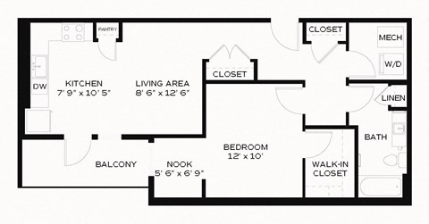 Floor plan for 1 bed, 1 bath, 809 sqft