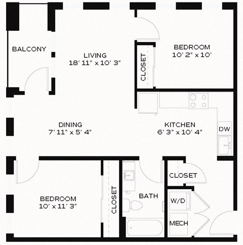 Floor plan for 2 beds, 1 bath, 1007 sqft
