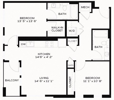 Floor plan for 2 beds, 2 baths, 1007 sqft