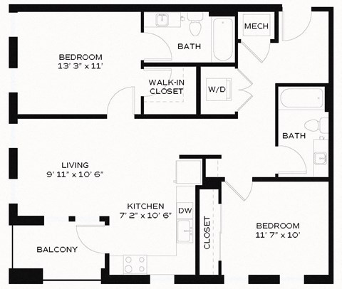Floor plan for 2 beds, 2 baths, 1038 sqft