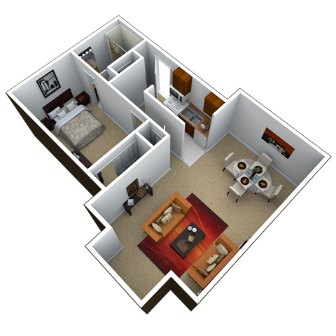 Floor plan for 1 bed, 1 bath, 800 sqft
