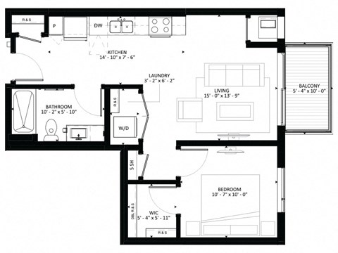 Floor plan for 1 bed, 1 bath, 630 sqft