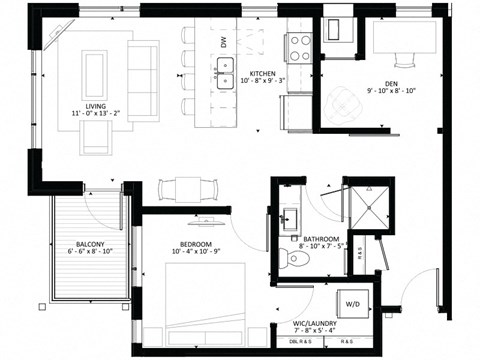 Floor plan for 1 bed, 1 bath, 808 sqft
