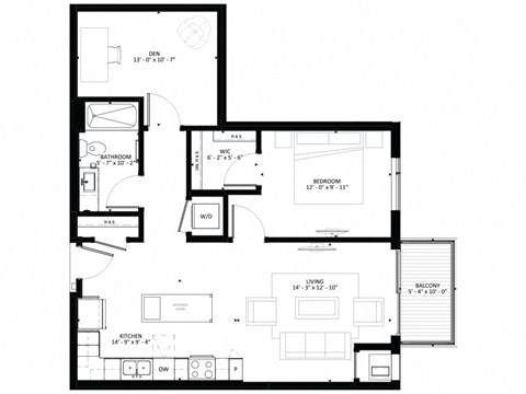 Floor plan for 1 bed, 1 bath, 881 sqft