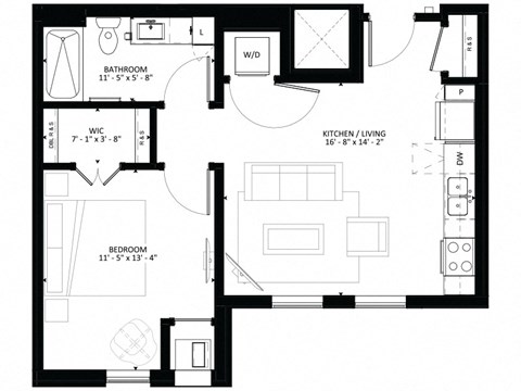 Floor plan for 1 bed, 1 bath, 617 sqft