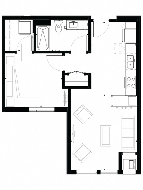 Floor plan for 1 bed, 1 bath, 644 sqft