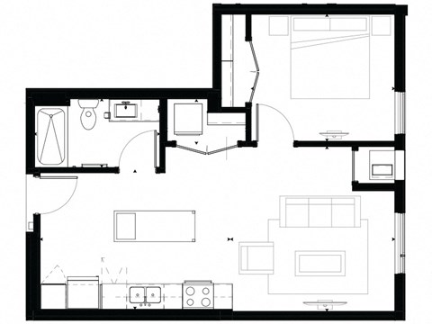 Floor plan for 1 bed, 1 bath, 648 sqft