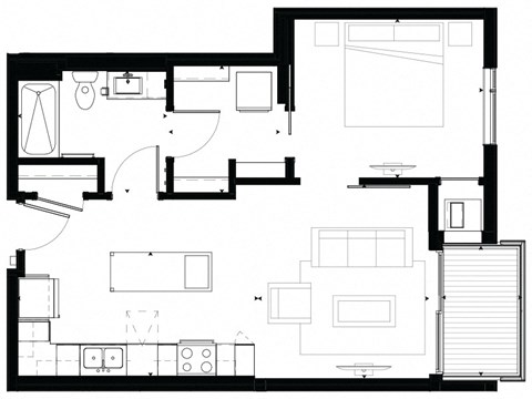 Floor plan for 1 bed, 1 bath, 663 sqft