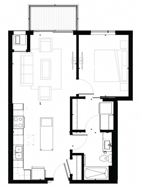 Floor plan for 1 bed, 1 bath, 676 sqft