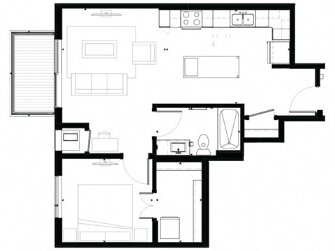 Floor plan for 1 bed, 1 bath, 691 sqft