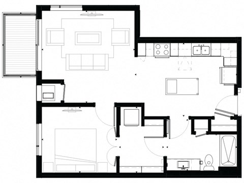 Floor plan for 1 bed, 1 bath, 734 sqft