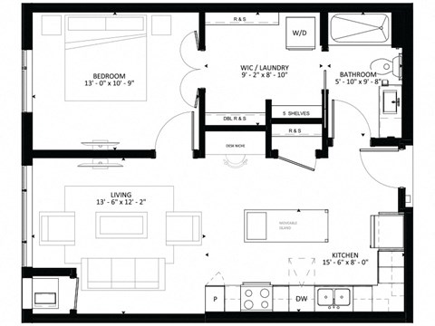 Floor plan for 1 bed, 1 bath, 737 sqft