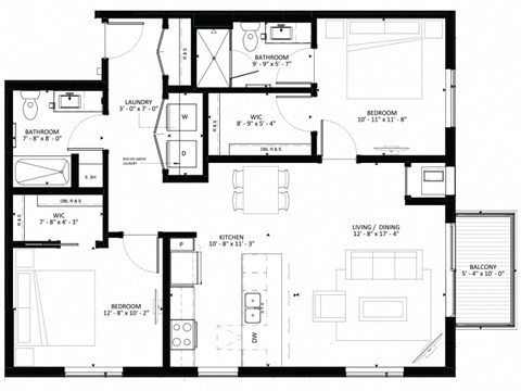 Floor plan for 2 beds, 2 baths, 1111 sqft