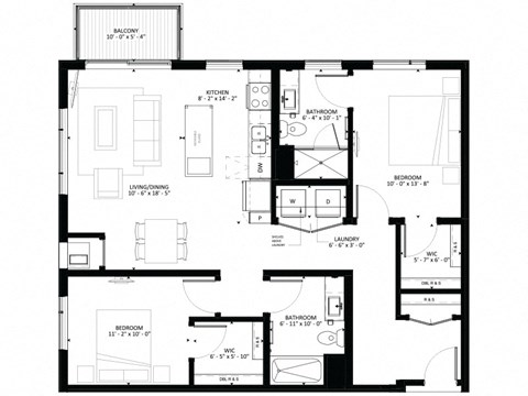 Floor plan for 2 beds, 2 baths, 1125 sqft