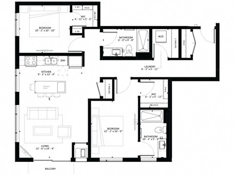 Floor plan for 2 beds, 2 baths, 1131 sqft