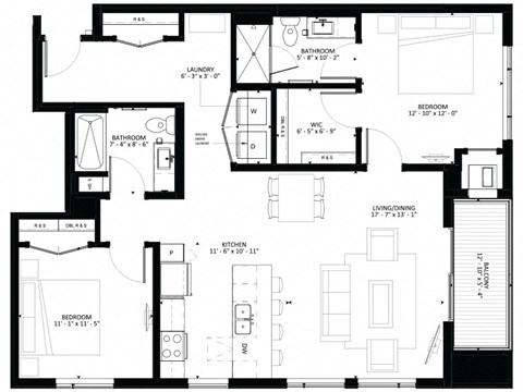 Floor plan for 2 beds, 2 baths, 1194 sqft