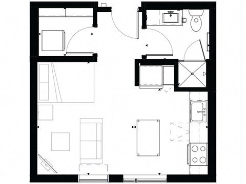Floor plan for studio, 1 bath, 400 sqft