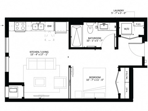 Floor plan for studio, 1 bath, 536 sqft