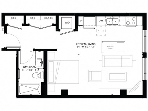 Floor plan for studio, 1 bath, 553 sqft