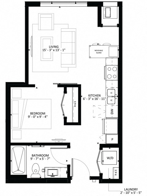 Floor plan for studio, 1 bath, 536 sqft