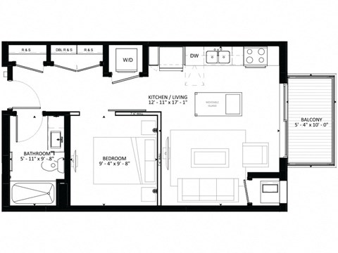 Floor plan for studio, 1 bath, 554 sqft