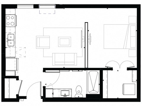 Floor plan for studio, 1 bath, 557 sqft