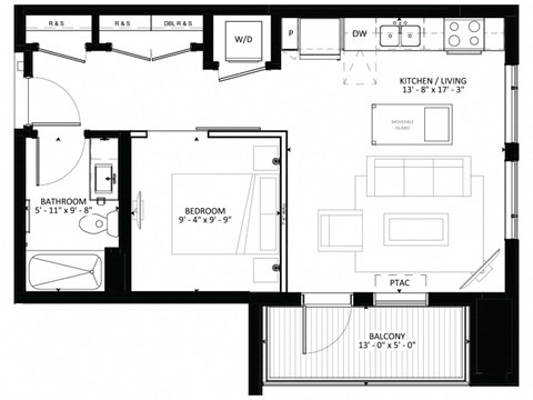 Floor plan for studio, 1 bath, 570 sqft