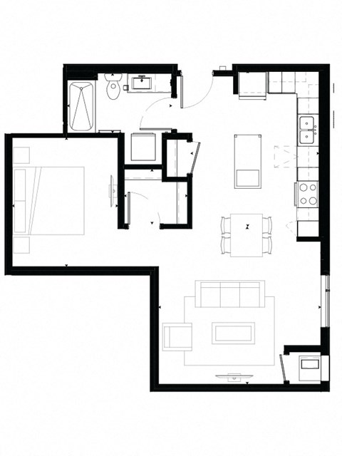 Floor plan for studio, 1 bath, 736 sqft