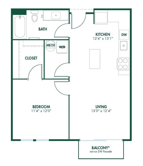 Floor plan for 1 bed, 1 bath, 664 sqft