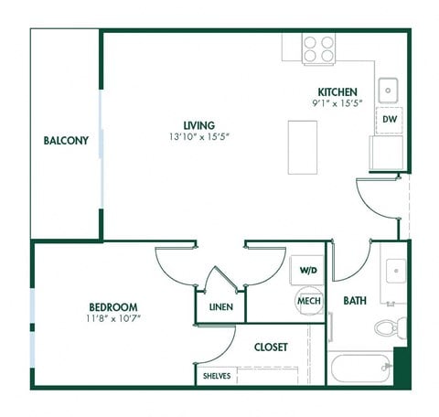 Floor plan for 1 bed, 1 bath, 703 sqft
