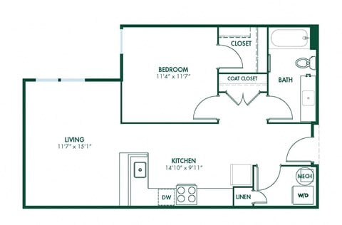 Floor plan for 1 bed, 1 bath, 732 sqft