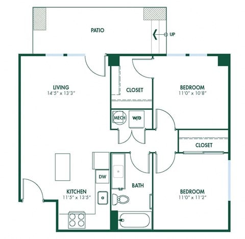 Floor plan for 2 beds, 1 bath, 823 sqft