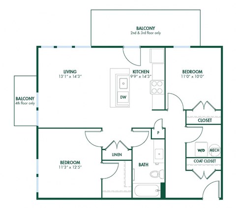 Floor plan for 2 beds, 1 bath, 940 sqft