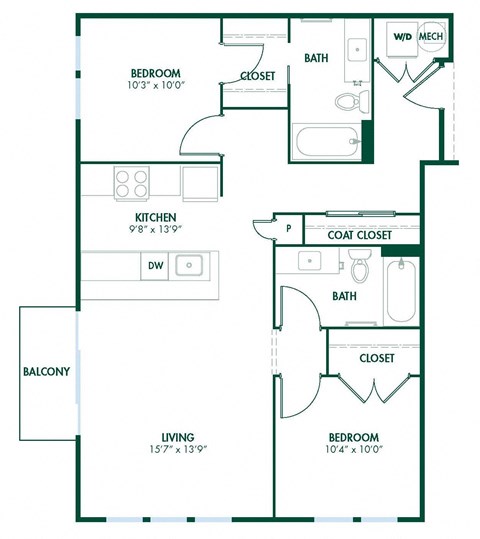 Floor plan for 2 beds, 2 baths, 942 sqft
