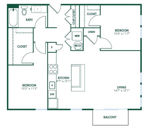 Floor plan for 2 beds, 1 bath, 985 sqft