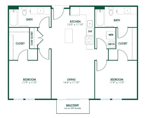 Floor plan for 2 beds, 2 baths, 989 sqft