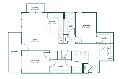 Floor plan for 2 beds, 2 baths, 1223 sqft
