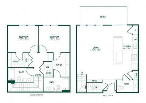 Floor plan for 2 beds, 2.5 baths, 1321 sqft