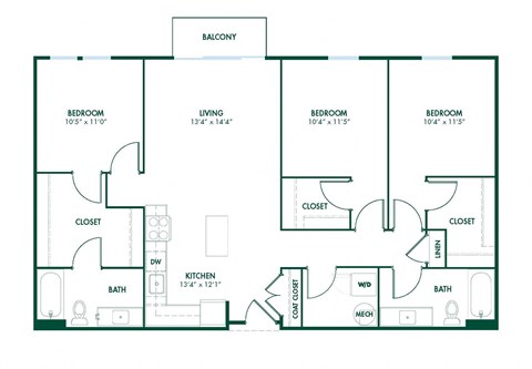 Floor plan for 3 beds, 2 baths, 1260 sqft