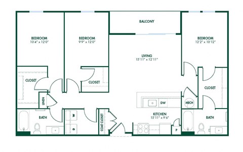 Floor plan for 3 beds, 2 baths, 1280 sqft