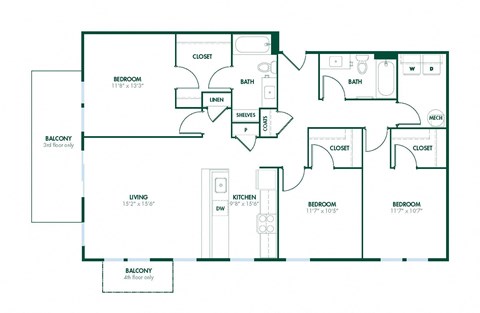 Floor plan for 3 beds, 2 baths, 1366 sqft