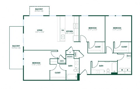Floor plan for 3 beds, 2 baths, 1400 sqft