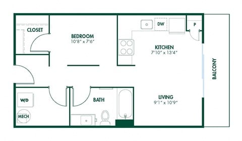 Floor plan for studio, 1 bath, 545 sqft