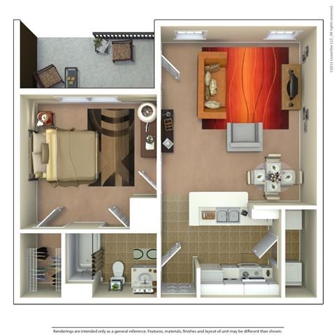 Floor plan for 1 bed, 1 bath, 814 sqft