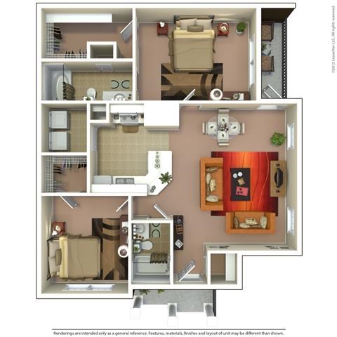 Floor plan for 2 beds, 2 baths, 1096 sqft