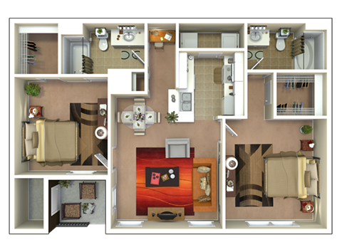 Floor plan for 2 beds, 2 baths, 1107 sqft