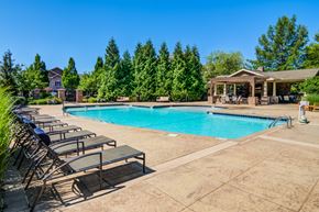 Overland Park apartment for rent - A large swimming pool surrounded by lounge chairs and trees at Sovereign at Overland Park Apartments, Overland Park, 66213